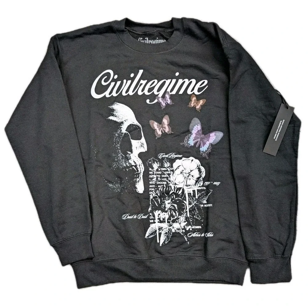 Civil Regime Sweater Sweatshirt Mens Small Black Skull Floral Butterflies New